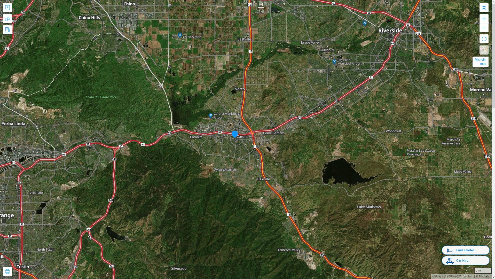 Corona California Highway and Road Map with Satellite View